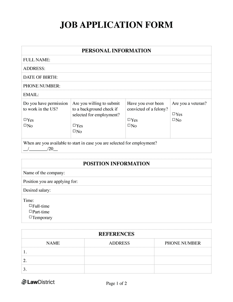 Job Application Form | Free Simple PDF Template | LawDistrict ...
