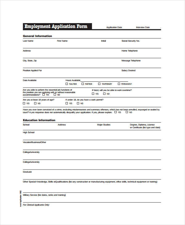 Generic Employment Application Template - 8+ Free PDF Documents ...