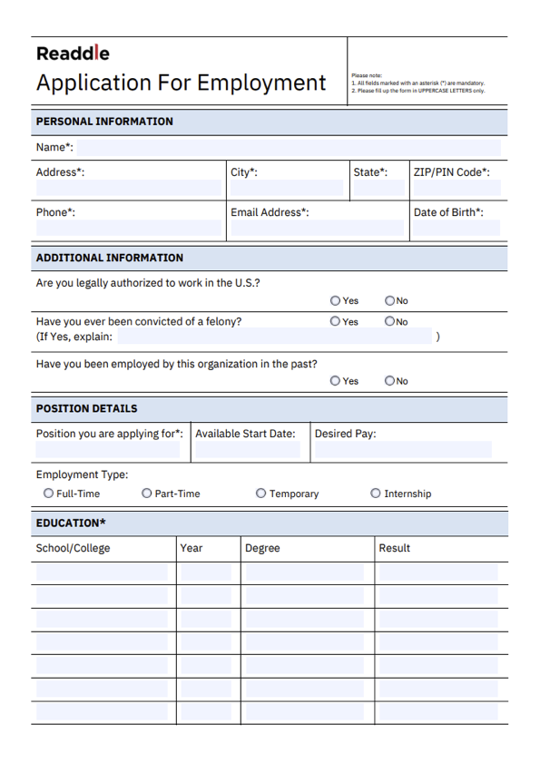 printable generic employment applications