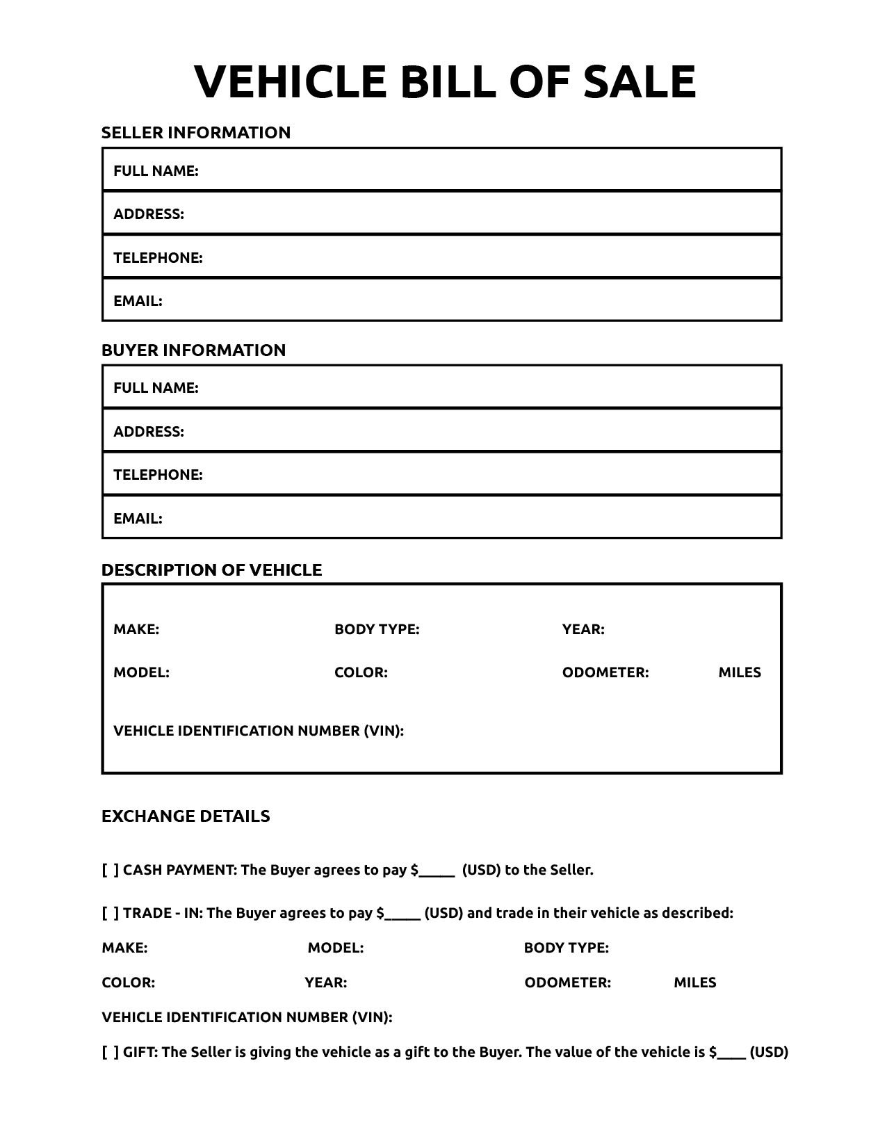 printable generic vehicle bill of sale