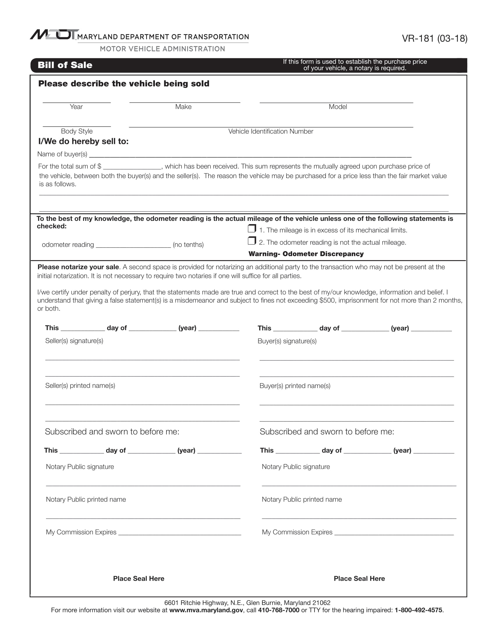 Free Maryland Car Bill of Sale Template | Fillable Forms