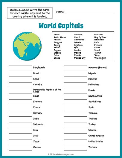Free Printable World Capitals Worksheet
