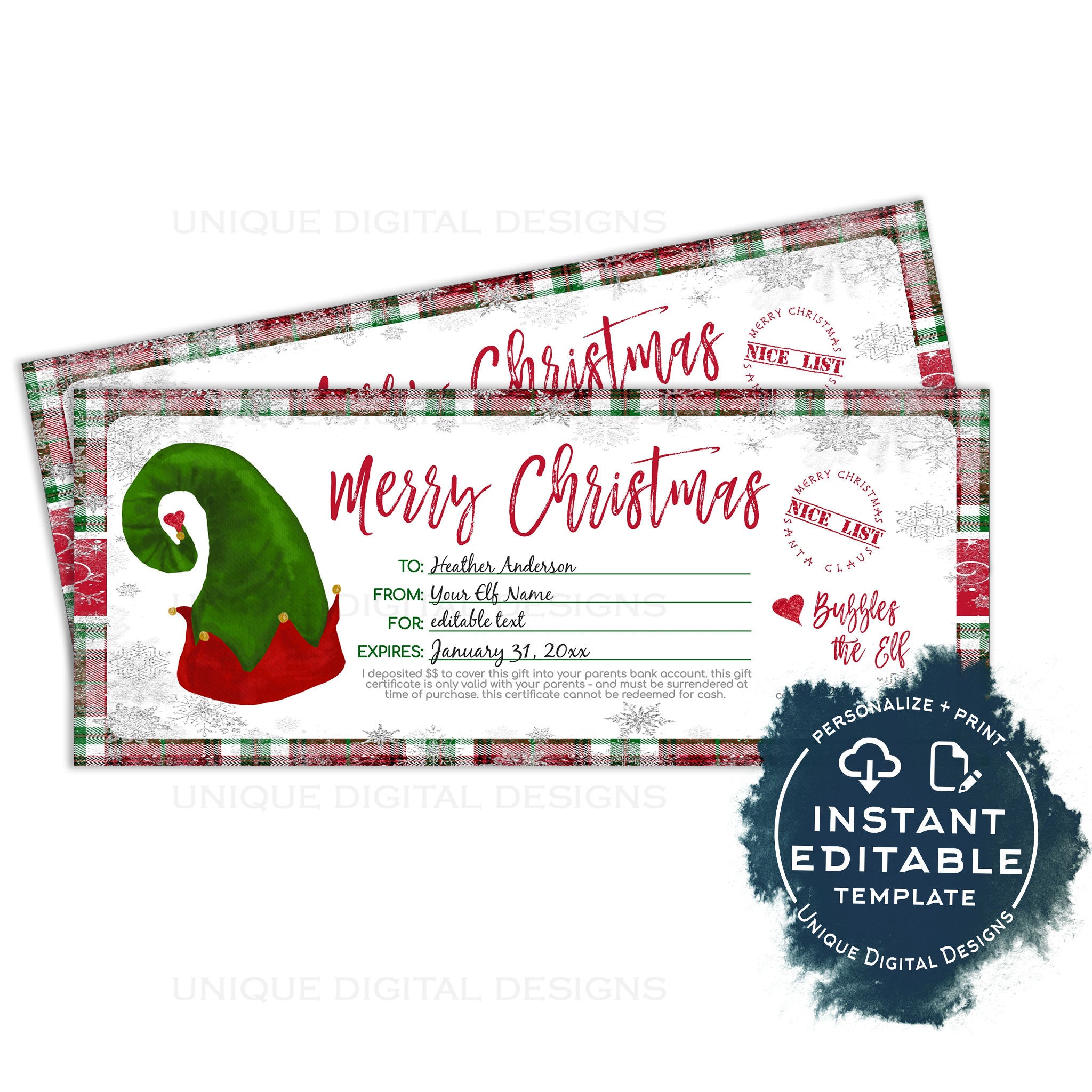 Editable Gift Certificate from Elf, Christmas Printable Gift Voucher,