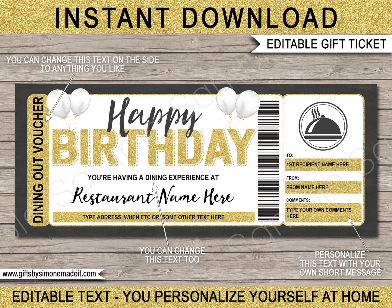 Dinner Gift Certificate Birthday Meal Voucher Template Restaurant ...