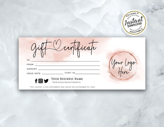 ADD Your LOGO Gift Certificate Template Modern Rosegold Printable ...