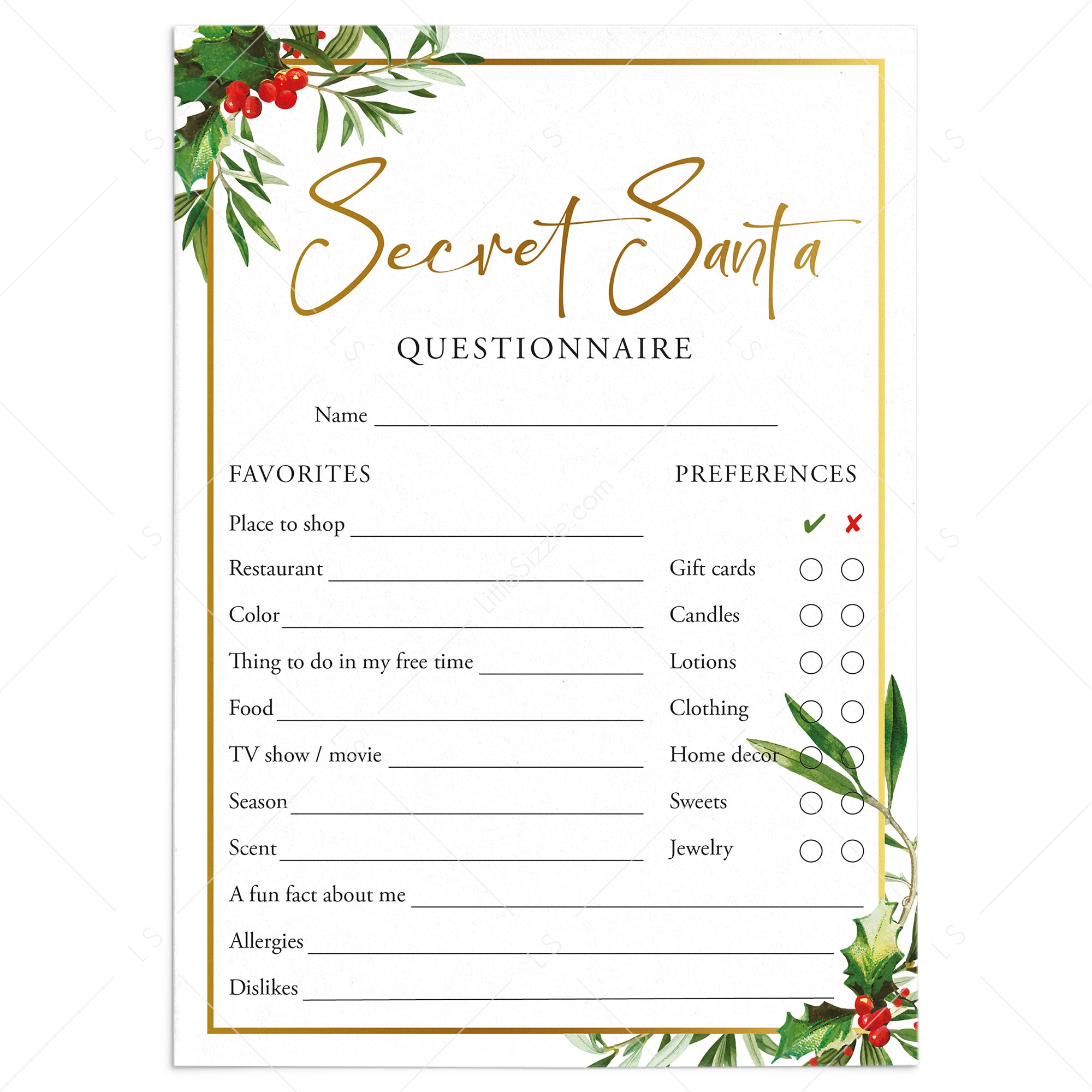 Secret Santa Questions Form for Adults Printable | Holiday Gift ...