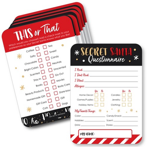 Big Dot Of Happiness Secret Santa Fill-in Questionnaire Form ...