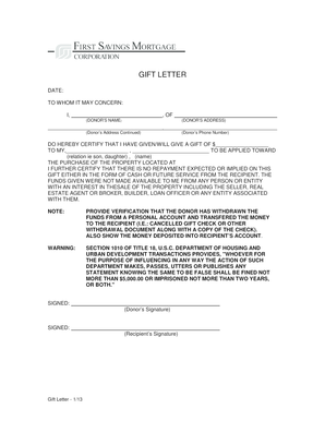 Gift Letter - First Savings Mortgage Corporation - Fill and Sign ...