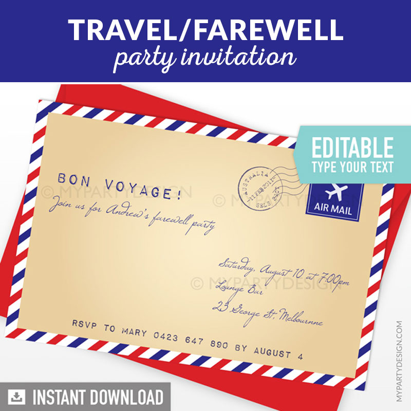 Travel Party Invitation / Farewell Printable Invite - My Party Design