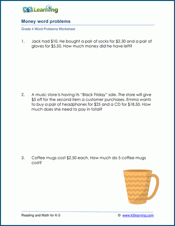 Grade 4 money word problem worksheets | Worsheets library