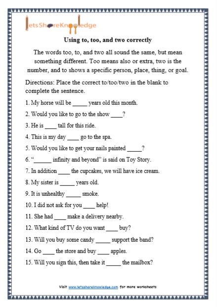 Grade 1 Grammar: Using to, too and two printable worksheets - Lets ...