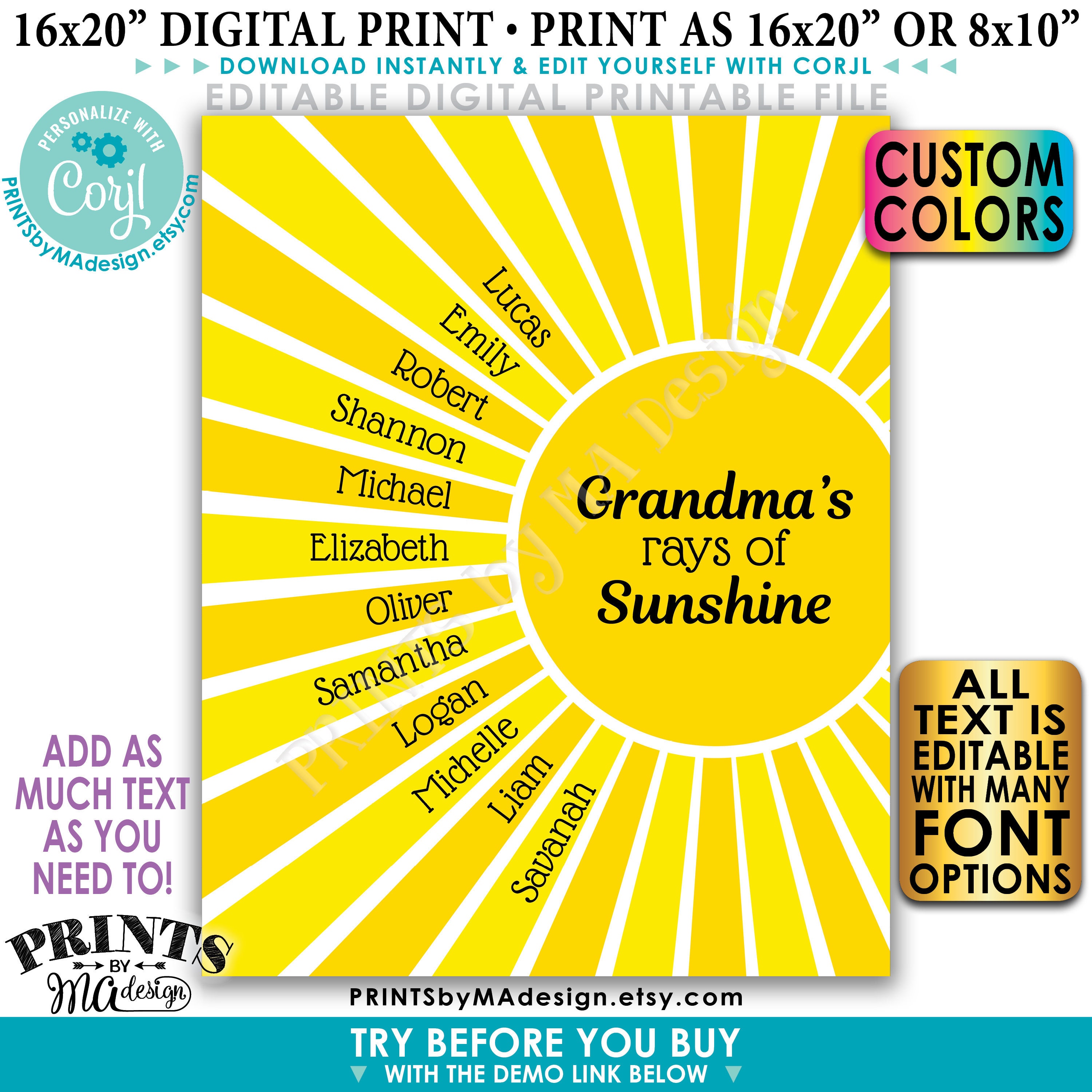 Editable Grandchildren Sign, List of Grandkids are Rays of Sunshine ...
