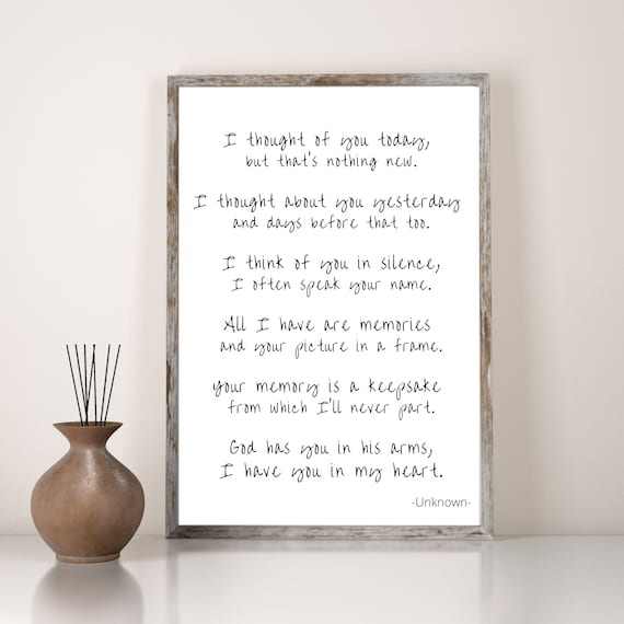 I Thought of You Today Grief Quote, Poem, Printable Wall Art ...