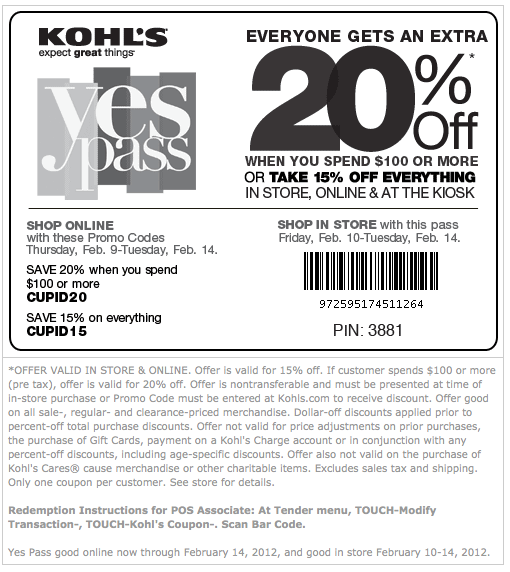 Kohls Love to Save Sale - Yes Pass Coupon for 20% or 15% OFF ...
