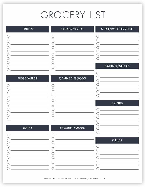 printable grocery list checklist