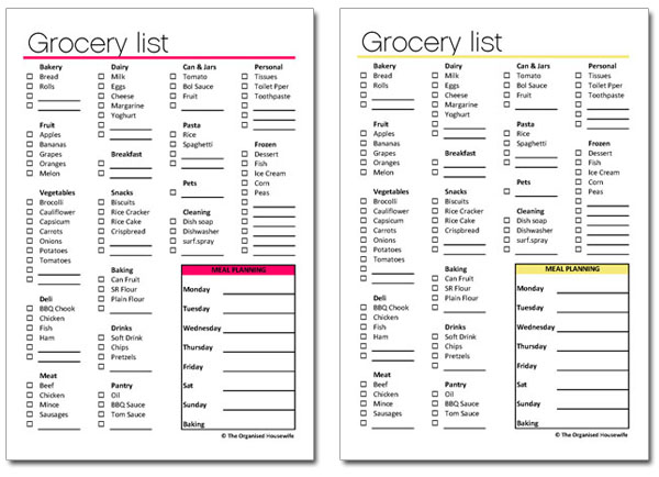 printable grocery list checklist
