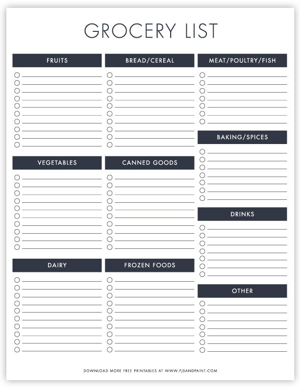 printable grocery list organizer