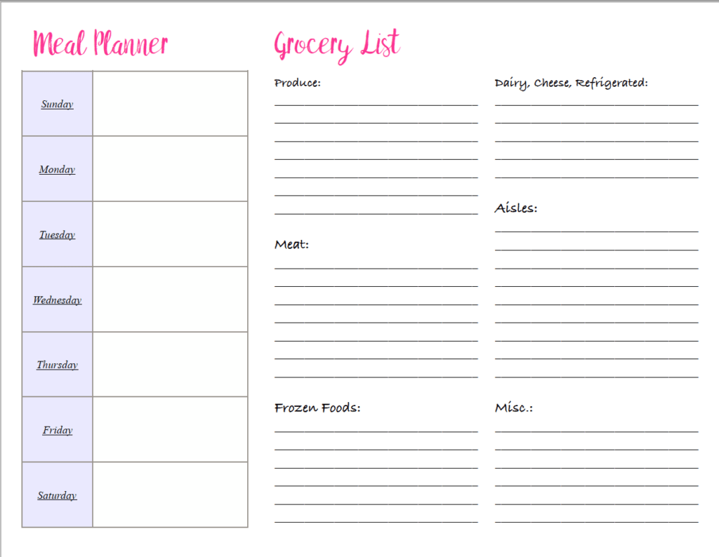 printable grocery list organizer