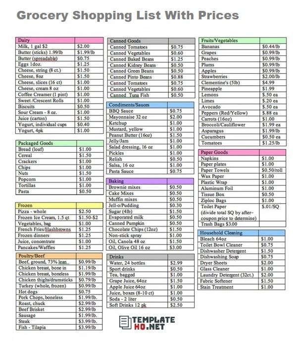 printable grocery list with prices