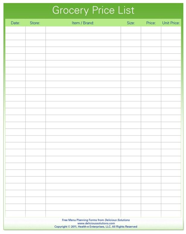 printable grocery list with prices