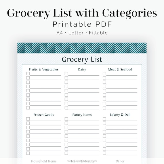 printable grocery shopping list categories