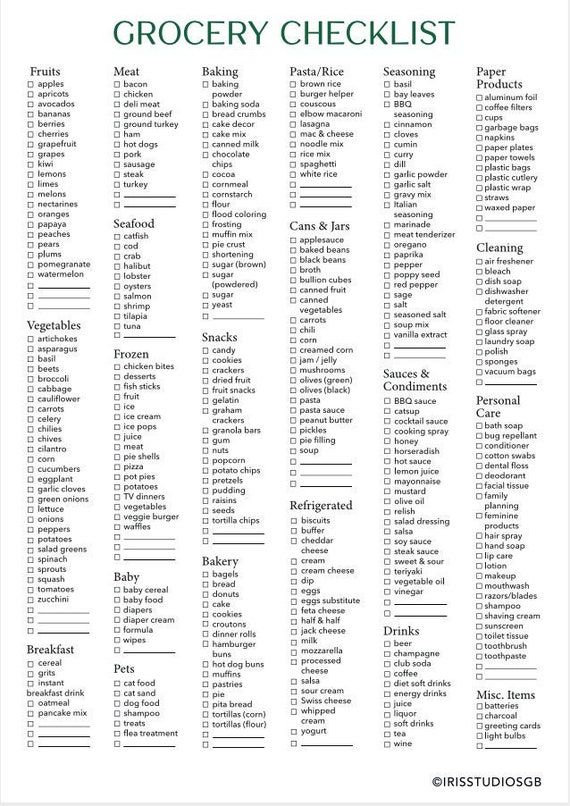 printable grocery shopping list uk