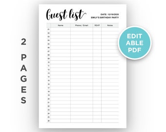 Editable Guest List Planner Guest List Tracker RSVP Tracker Party ...