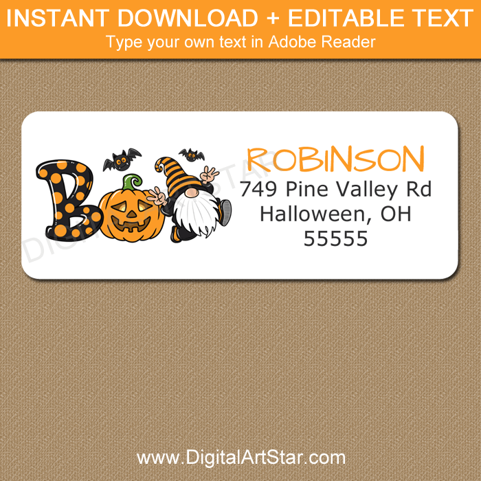 BOO Halloween Address Labels Printable with Gnome - Digital Art Star