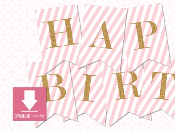 Printable Pennant Blush Pink Stripes With Gold Glitter Happy ...