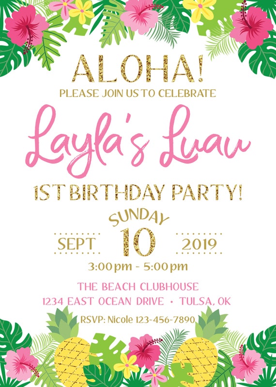 Luau Birthday Invitation Summer Pool Party Pineapple Tropical ...