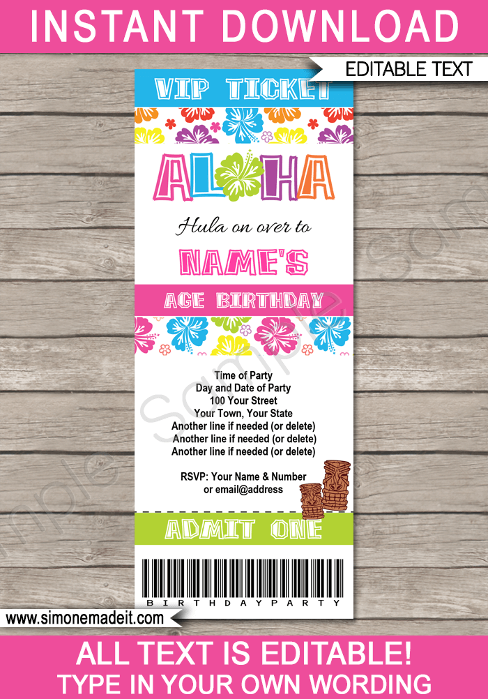 Luau Party Ticket Invitation template