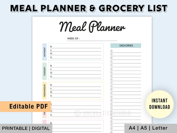 Editable Meal Planner and Grocery List Printable, Digital Meal ...