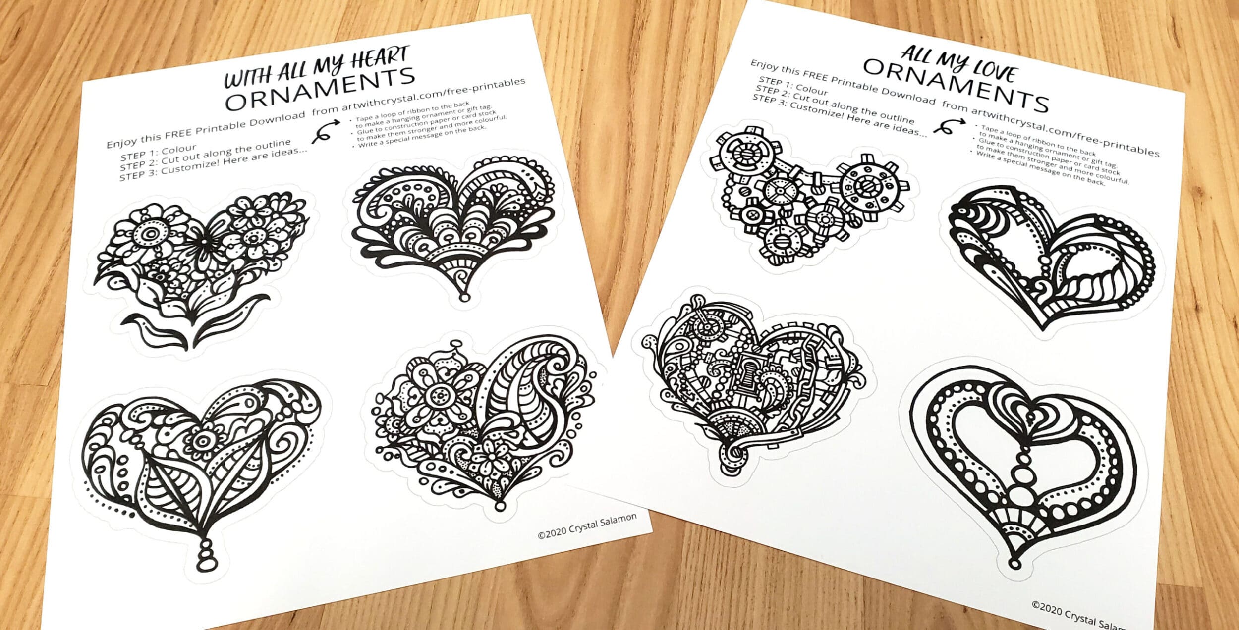 Heart Ornaments &  Valentines Day Cards - FREE Colouring Pages