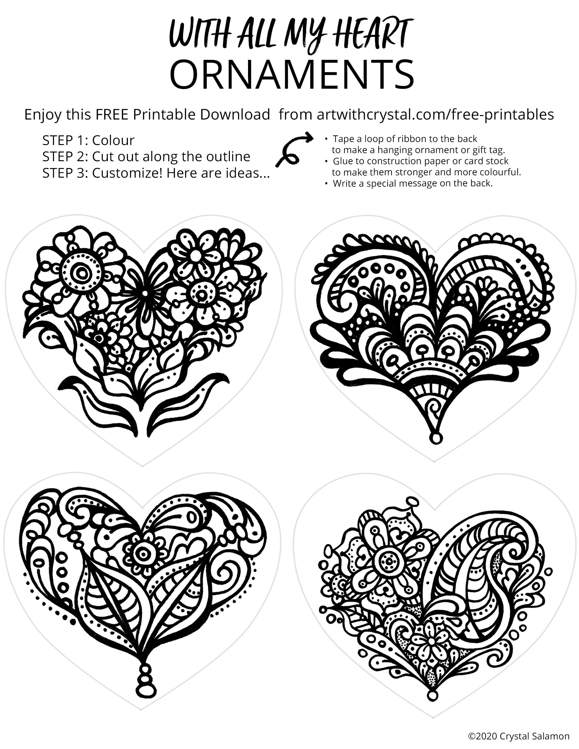 Heart Ornaments &  Valentines Day Cards - FREE Colouring Pages