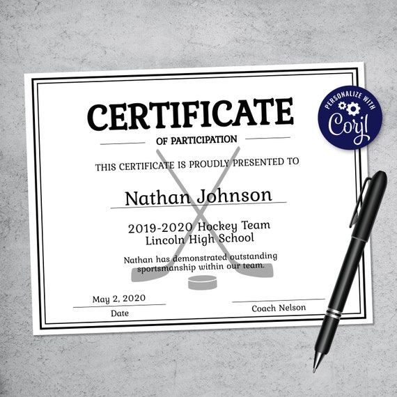 Editable Hockey Sports Team Certificate Template Printable ...