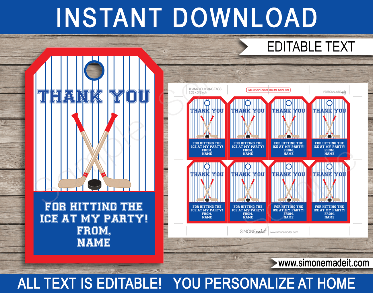 Hockey Party Favor Tags template - red &  blue