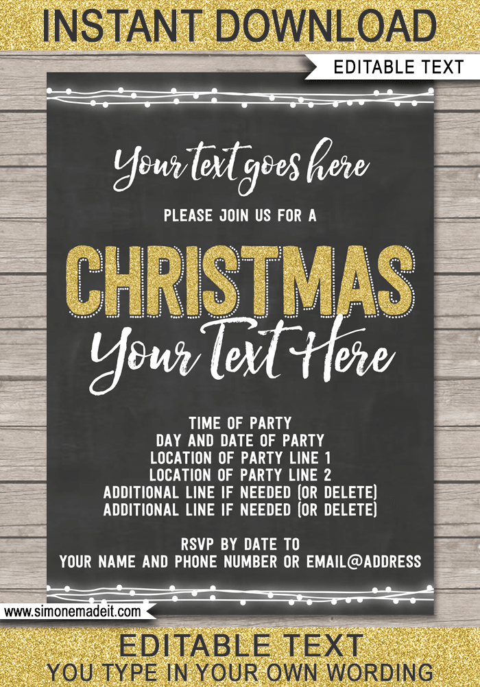 Christmas Party Invitations Template - gold chalkboard