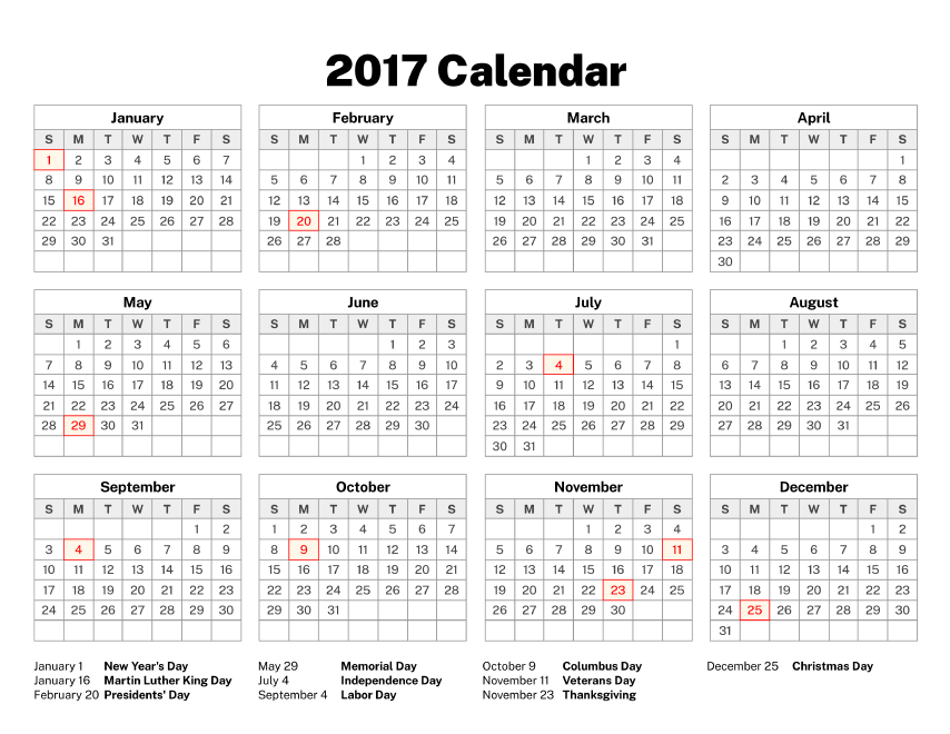 printable holiday schedule 2017