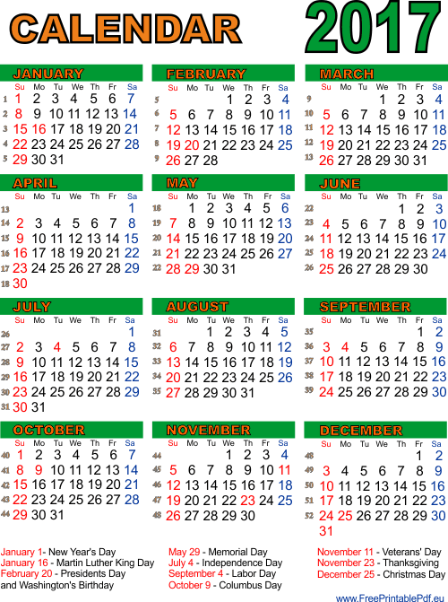 Printable Calendar 2017 for US (PDF) | Free Printable PDF