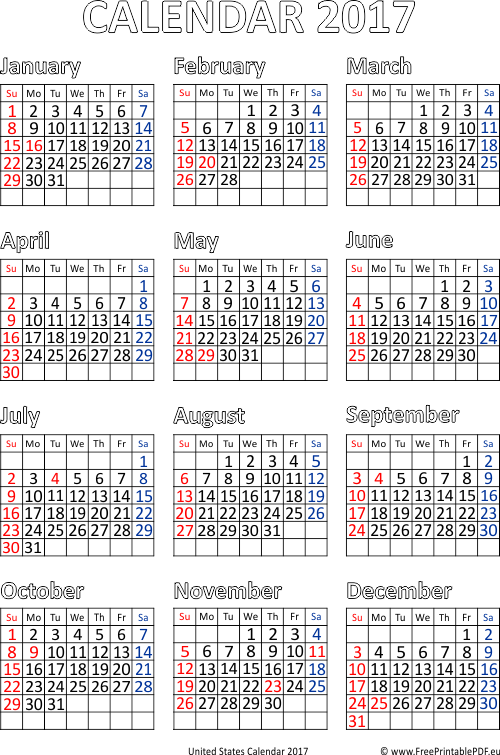 Printable Calendar 2017 for US (PDF) | Free Printable PDF