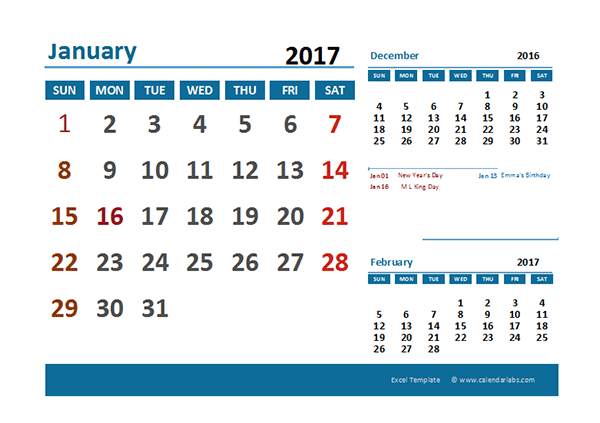 2017 Excel Calendar with Holidays - Free Printable Templates