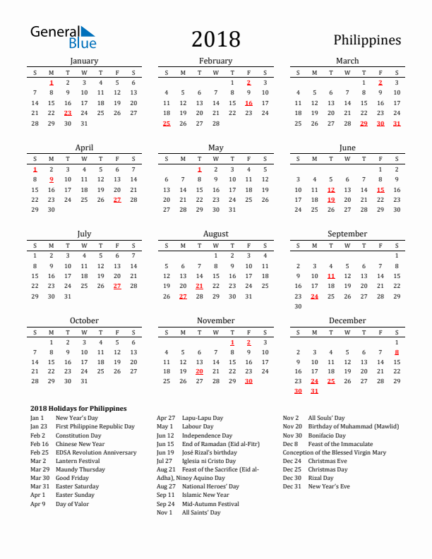 Free Philippines Holidays Calendar for Year 2018
