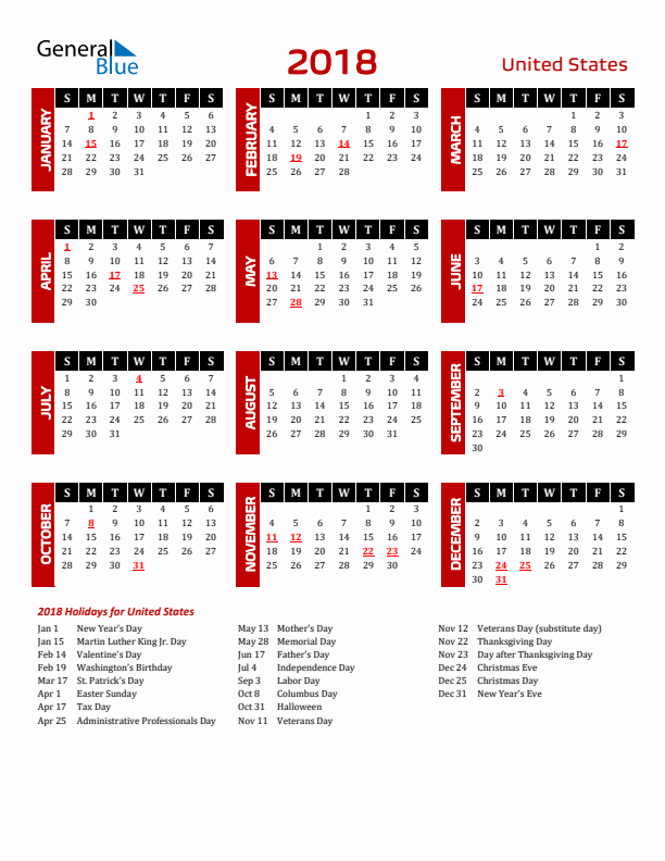 2018 United States Holiday Calendar