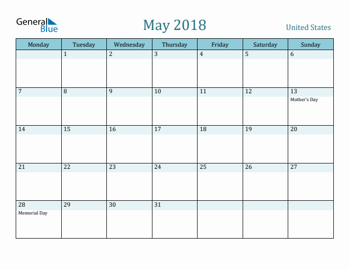 United States Holiday Calendar for May 2018