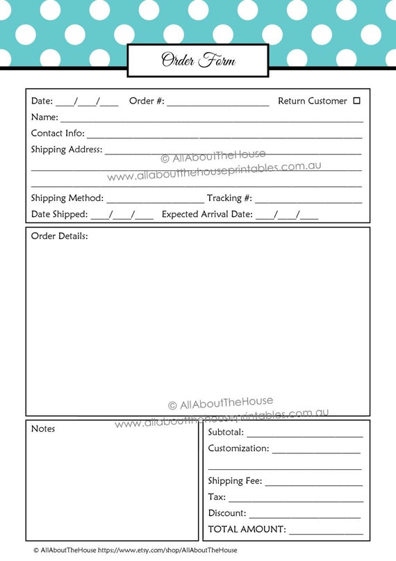 Order Form Custom Order Form Printable Business Planner ...
