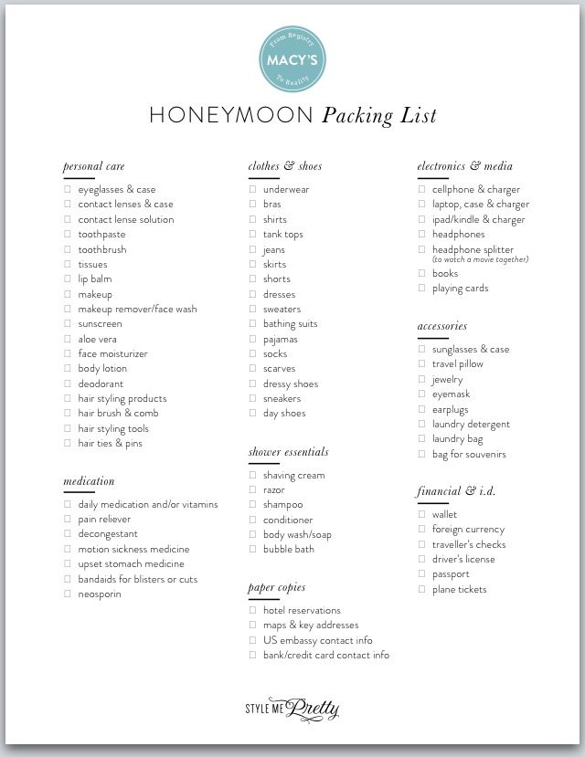 printable honeymoon packing list