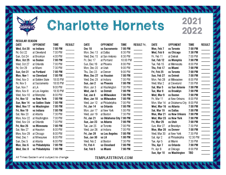 Printable 2021-2022 Charlotte Hornets Schedule