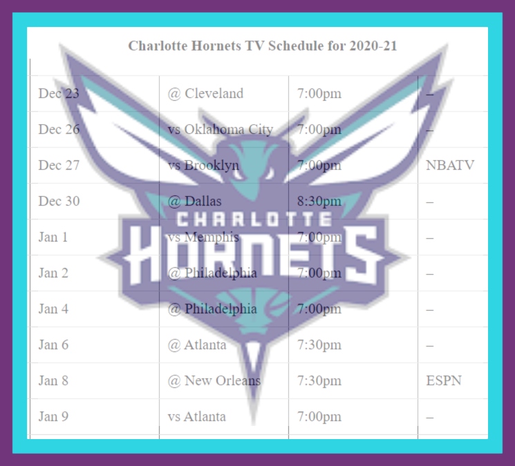 Printable Charlotte Hornets schedule (and TV schedule) for 2020-21 ...