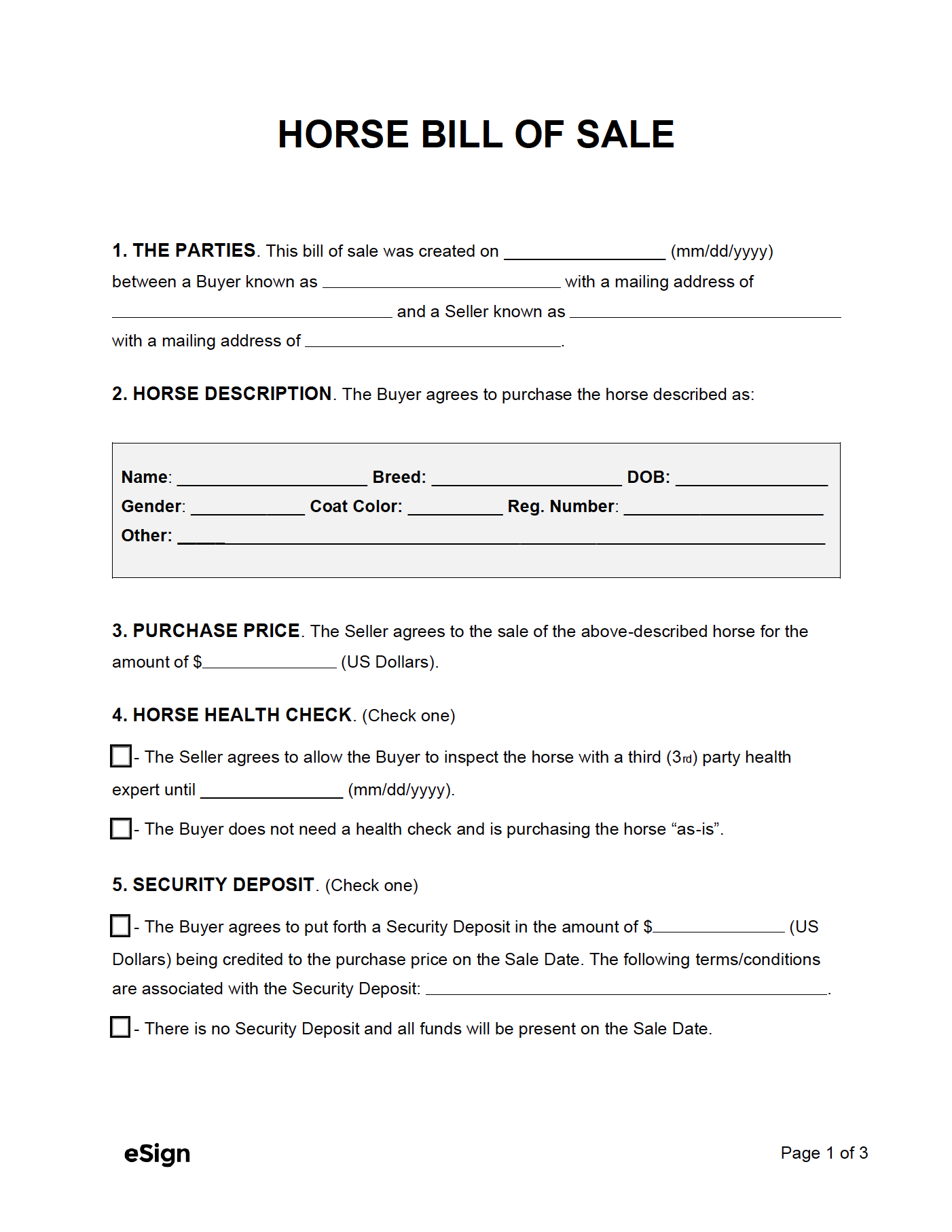printable horse bill of sale form