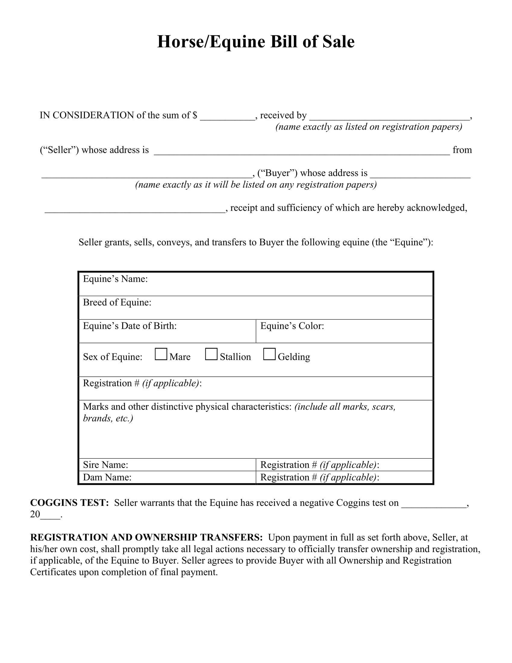 Free Fillable Horse Bill of Sale Form ⇒ PDF Templates